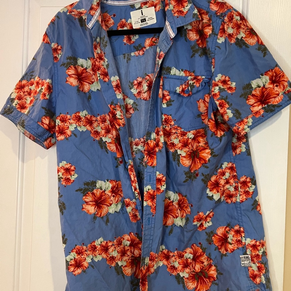 i Jeans by Buffalo Hawaiian Floral Blue Shirt Button Down- 100% Cotton